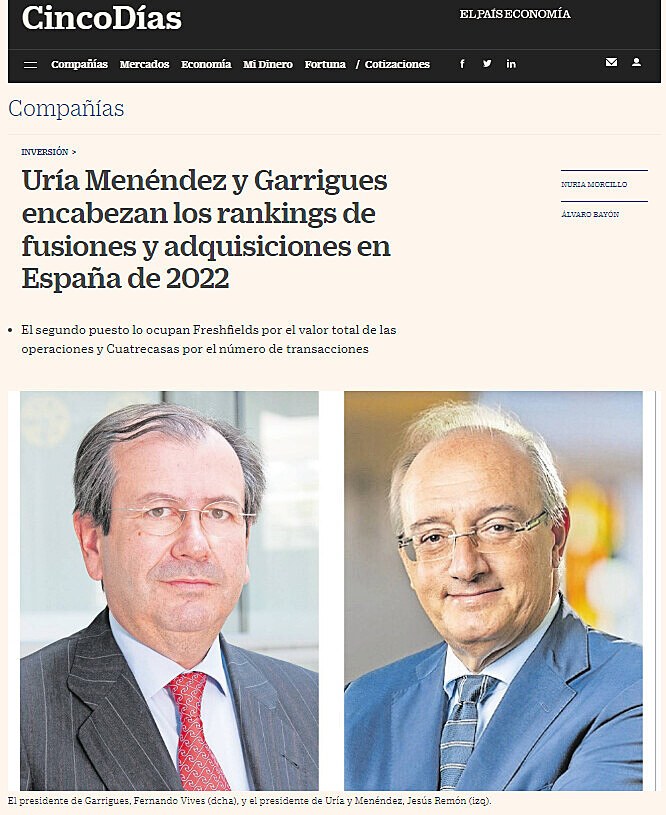 Ura Menndez y Garrigues encabezan los rankings de fusiones y adquisiciones en Espaa de 2022